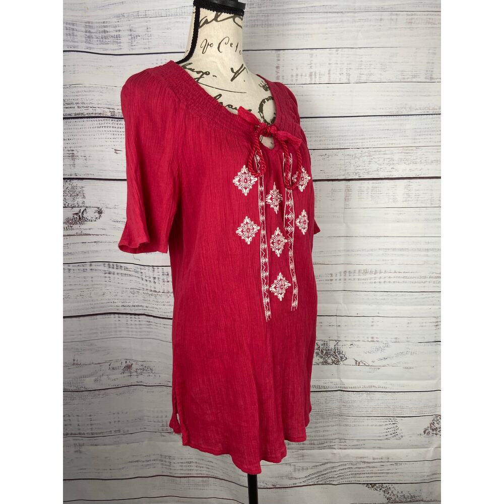 Catherines Top Womens 0X Red Embroidery Crepe Tassel Tie Smocked Neck Cotton - Picture 3 of 10